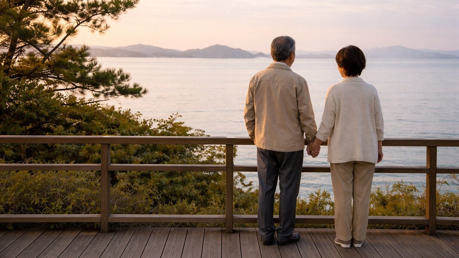 瀬戸内海を望む日帰り温泉旅行を楽しむ両親の利用シーン